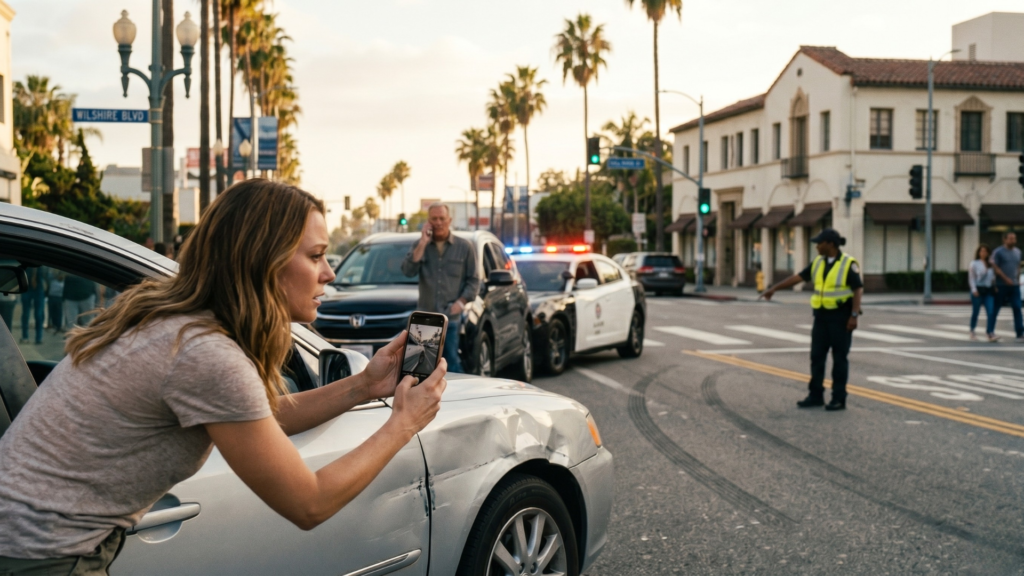 Documenting evidence in Los Angeles car accident: Stressed woman taking photos of grey sedan's damage and skid marks for insurance claim.