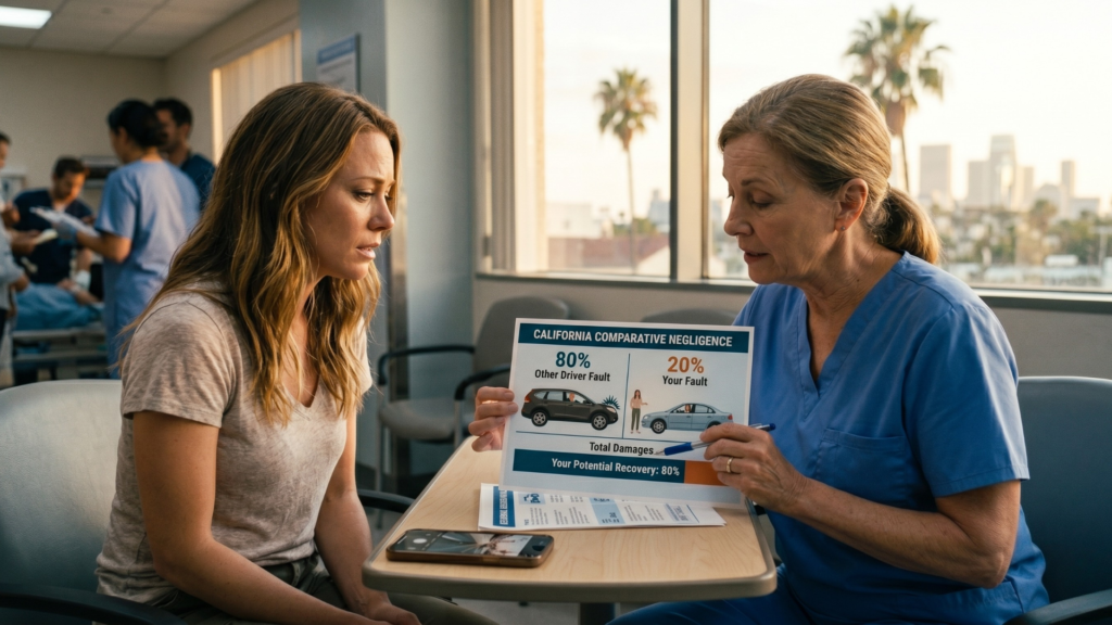 Los Angeles accident victim learns about California Pure Comparative Negligence law from a nurse in a medical setting, using a chart.